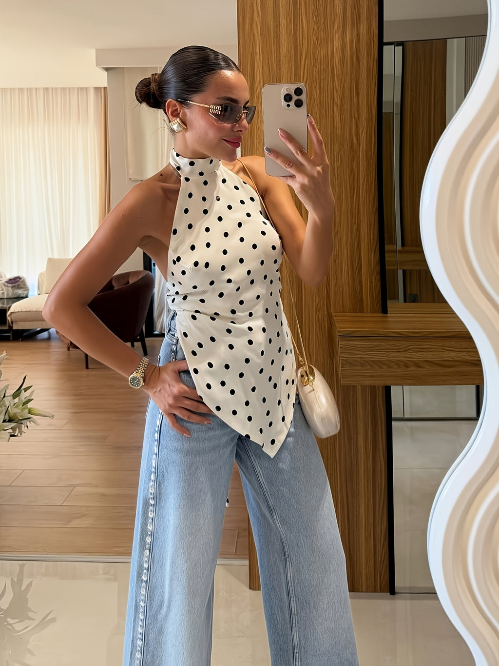 Women'S Retro Polka Dot Halter Neck Sleeveless Satin Vest, Niche Design Irregular Hem Slim Fit And Temperament Backless Top, Chic Spicy Style Versatile Outerwear And Inner Wear Vest - White