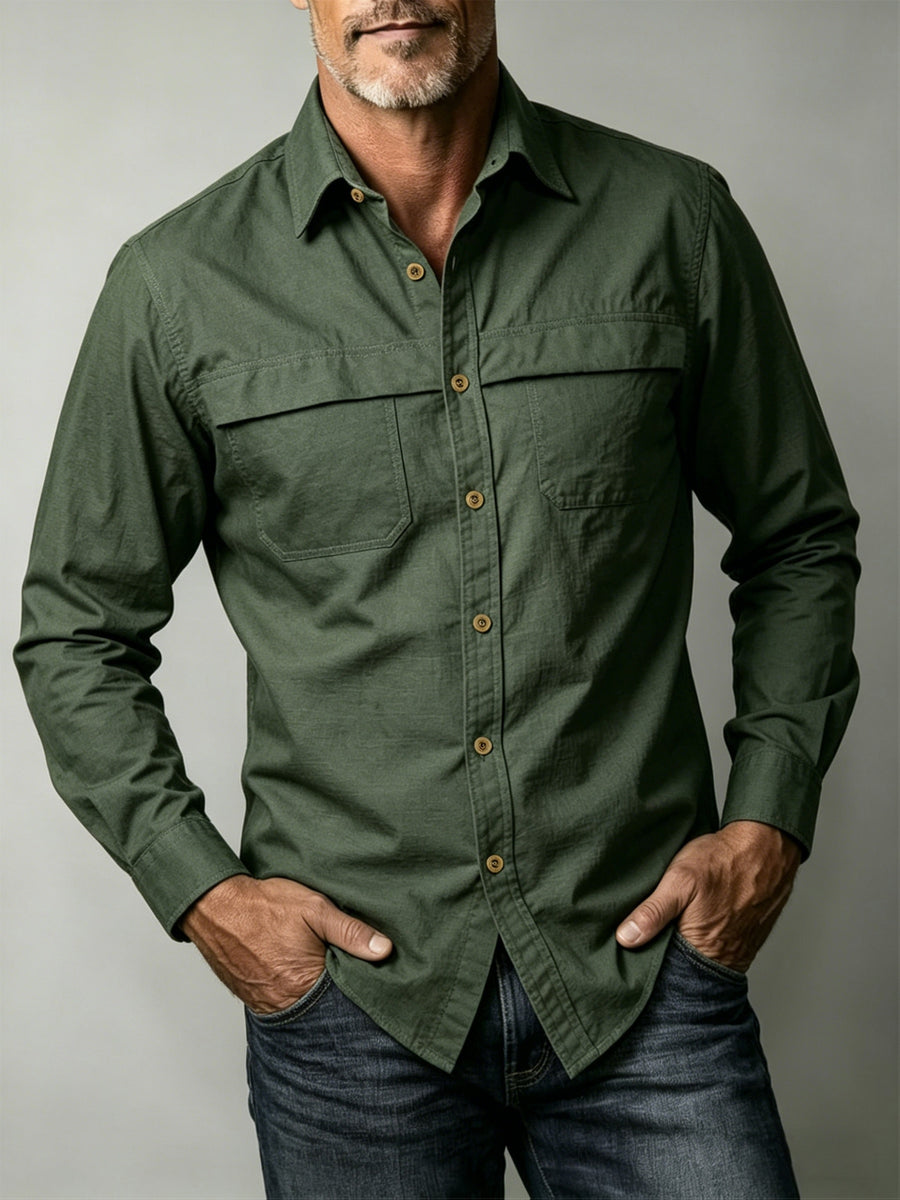 Men'S Solid Color Casual Long-Sleeved Work Shirt, Double Pocket Design, Skin-Friendly And Breathable Fabric, Slim Fit, Stylish And Crisp, Versatile for Spring And Autumn Commuting, Outdoor Activities, And Daily Wear, Durable And Easy to Care for - Olive Green