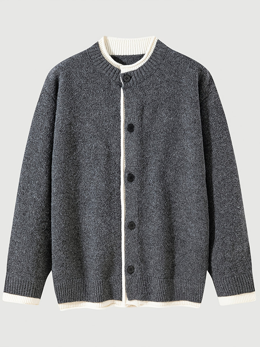 Autumn/Winter Men's Color-Block Knit Cardigan 2-in-1 Look Versatile Sweater Jacket - Dark Gray