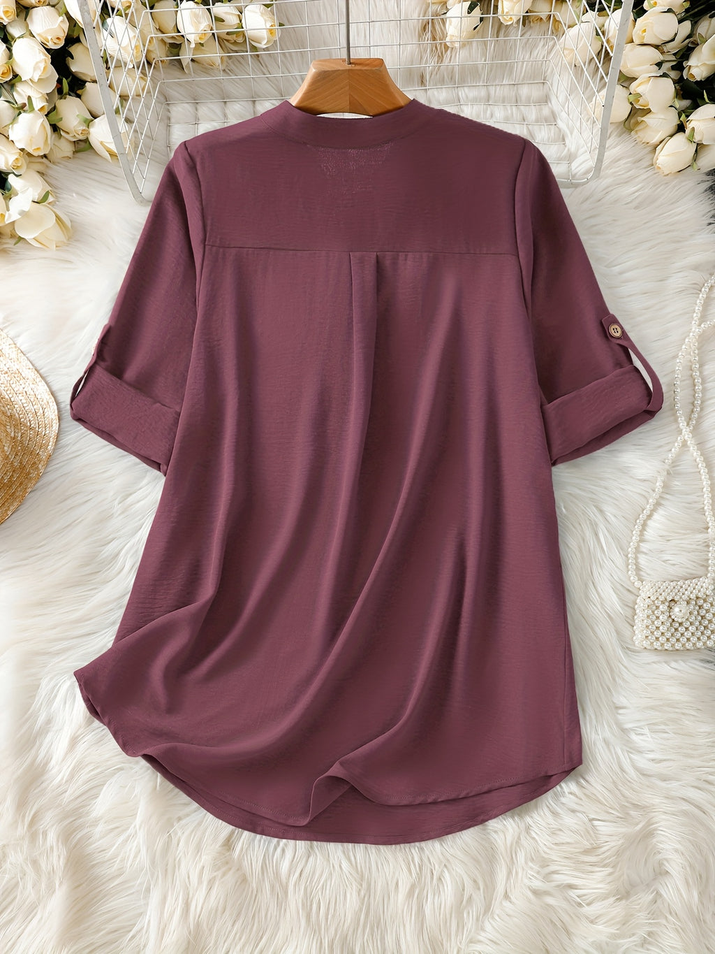 Elegant Women's Simple Casual Daily Short-Sleeve Solid Color Shirt, Spring/Summer Fashion Casual Outing Shirt, BK0608018 - Purple