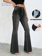 Effect Printed - Not Fabric Butterfly Print Flare Pants, High-Waist Stretchy Slim Fit, European and American Hot Style Leg-Lengthening Trousers - Black