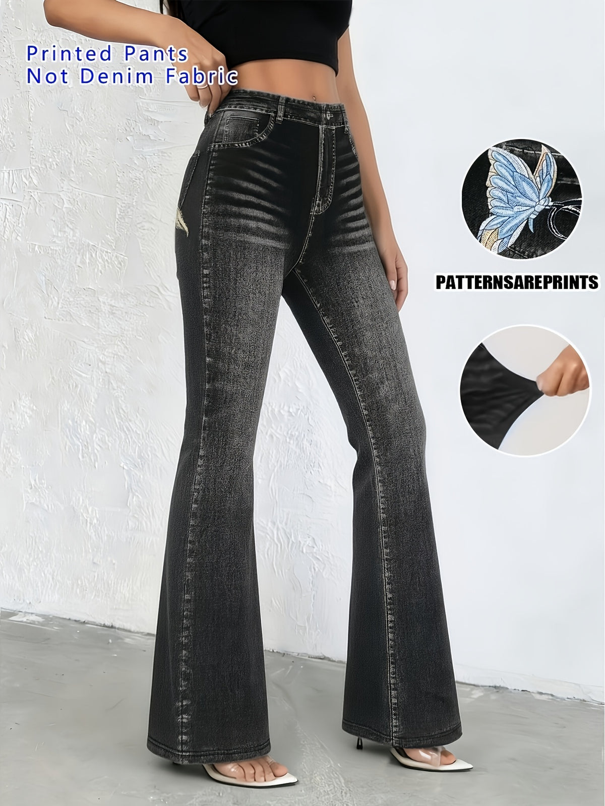 Effect Printed - Not Fabric Butterfly Print Flare Pants, High-Waist Stretchy Slim Fit, European and American Hot Style Leg-Lengthening Trousers - Black