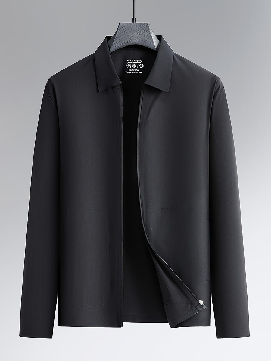 Spring and Autumn Men's Seamless Taped Jacket, Simple Solid Color Seamless Craft Commuter Casual Lapel Outerwear for Middle-Aged and Younger Men's Top - Black