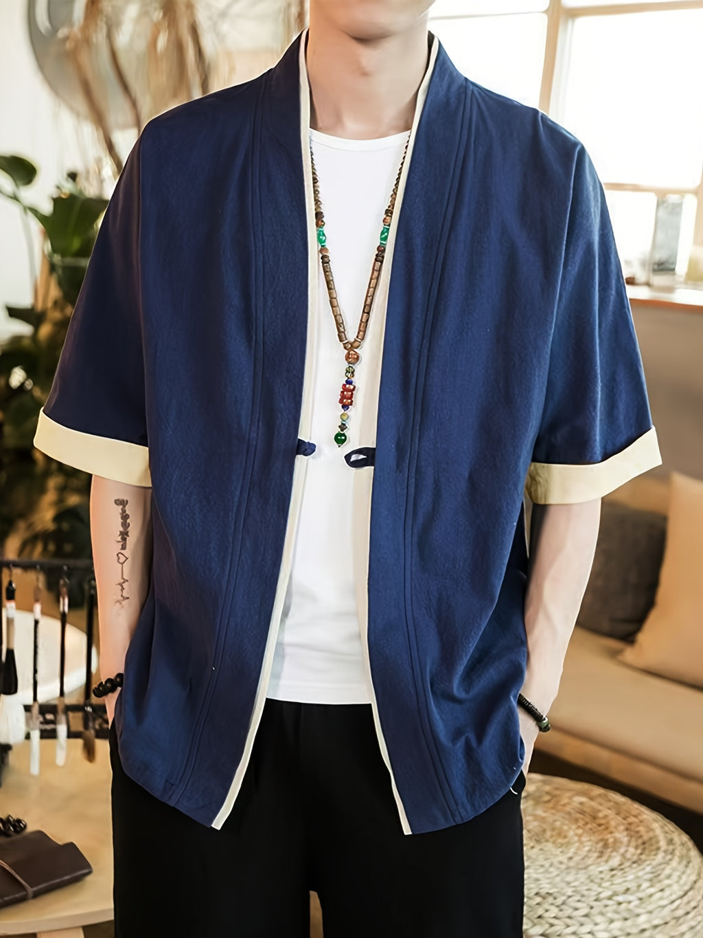 New Chinese Style Open Collar and Mid Sleeve Men's Shirt with Simple One Grain Buckle, Comfortable Linen Breathable Men's T-shirt, Casual Shirt - Royal Blue