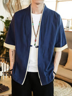 New Chinese Style Open Collar and Mid Sleeve Men's Shirt with Simple One Grain Buckle, Comfortable Linen Breathable Men's T-shirt, Casual Shirt - Royal Blue