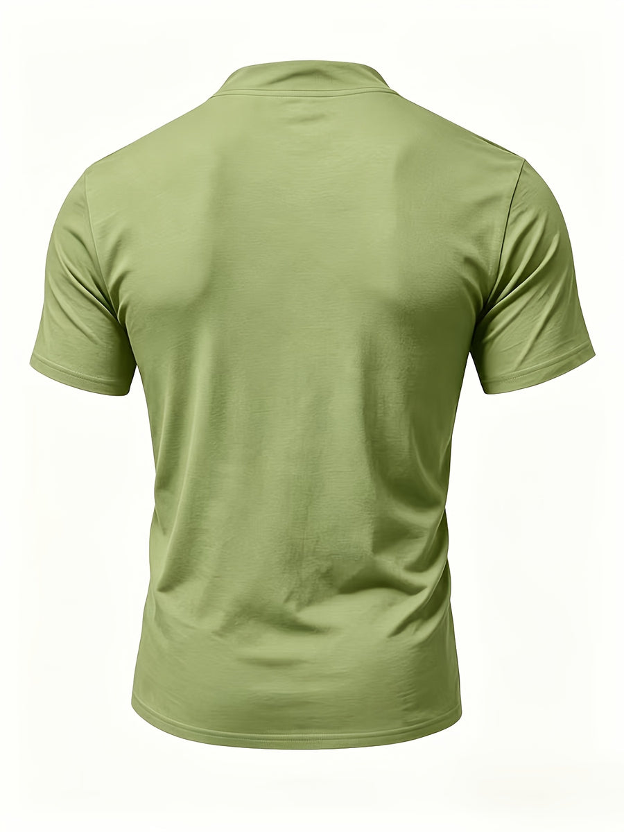Men's Summer Tie-Strap Stand Collar Short-Sleeve T-Shirt, Featuring a Solid Color Design to Break the Monotony of Outfits. Made from Skin-friendly, Breathable, and Comfortable Fabric, with a Clean-cut Silhouette That Accentuates Your Figure - fern green