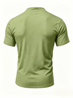 Men's Henry Neck Cross-Strap Short Sleeve T-Shirt with Mesh Line Print, Soft and Comfortable Fabric, American Trendy Design, Suitable for Dating, Commuting, and Casual Occasions, Creating a Clean, Casual, and Refreshing Look - Olive Green