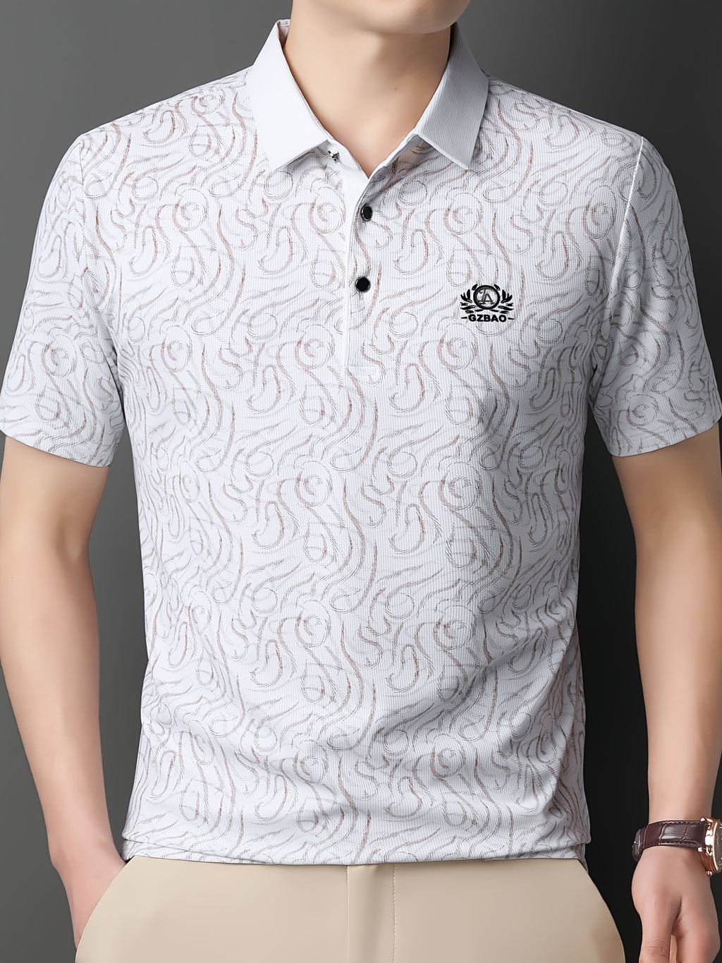 [Saa Xing OBM] 1pc Spring/Autumn New Men'S Polo Shirt, Old Money Style Textured Contrast Print Half-Button Collar Short Sleeve T-Shirt, Fashionable And Versatile Pullover Base Layer Top, Suitable for Spring, Summer, Autumn Wear, Fits Daily Casual - White