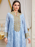 Women's Muslim Middle Eastern  New Rope Embroidery V-Neck Long Dress for Eid Al-Adha and Eid Al-Fitr Banquet Elegant Dress - Light Blue