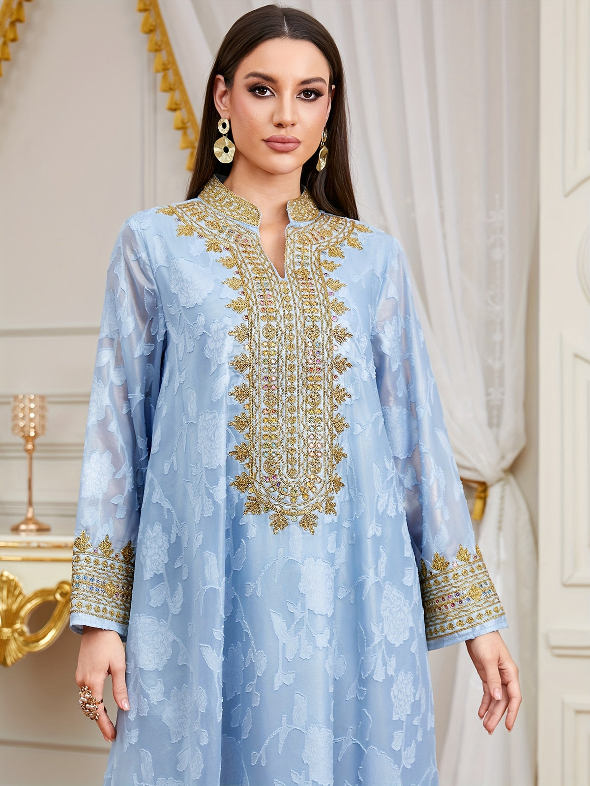 Women's Muslim Middle Eastern  New Rope Embroidery V-Neck Long Dress for Eid Al-Adha and Eid Al-Fitr Banquet Elegant Dress - Light Blue
