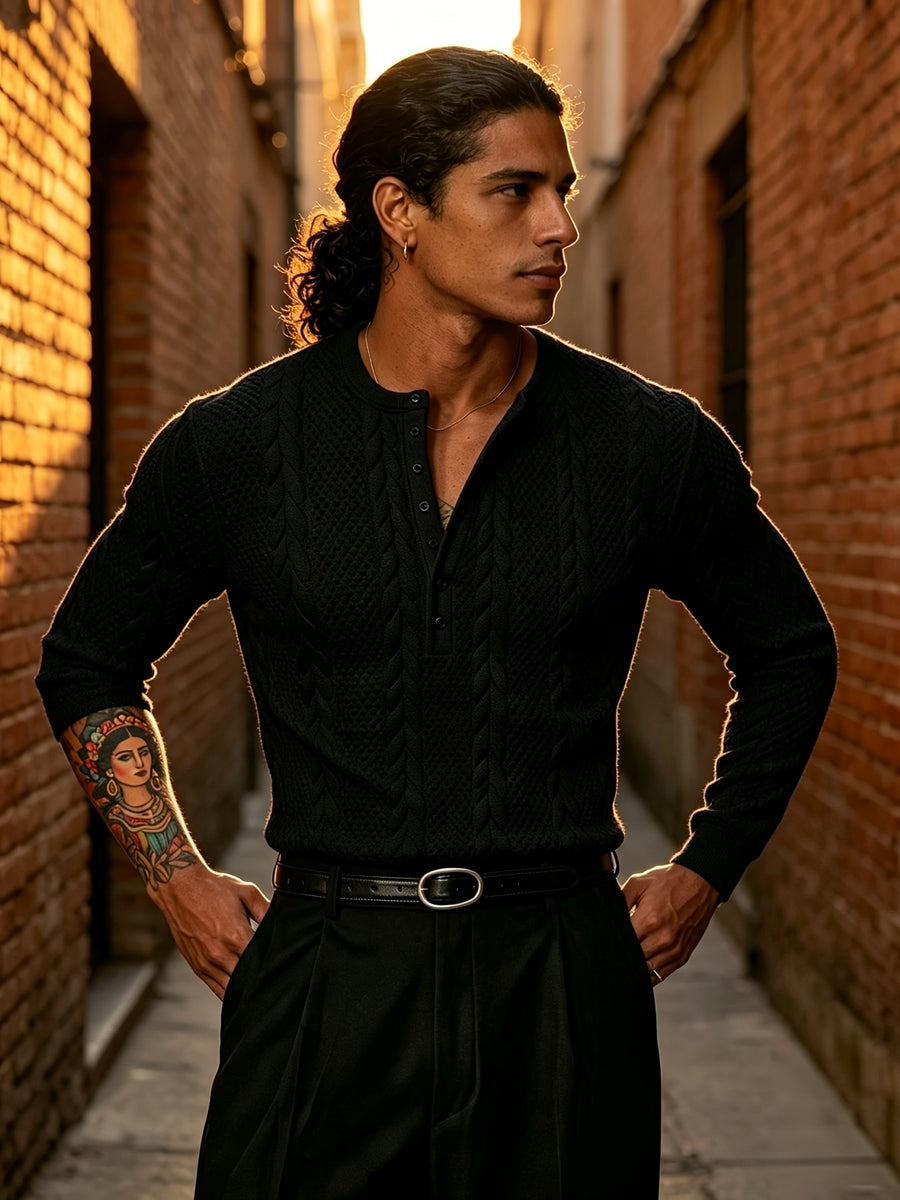 Back-To-School Season Men'S White Stretch Knit Long Sleeve Top, Henley Collar Pinstripe Textured Button-Up Shirt, Light Mature Korean Style Outfit, Early Autumn Fitted Style, Campus Outing And Weekend Shopping Knitwear - Black