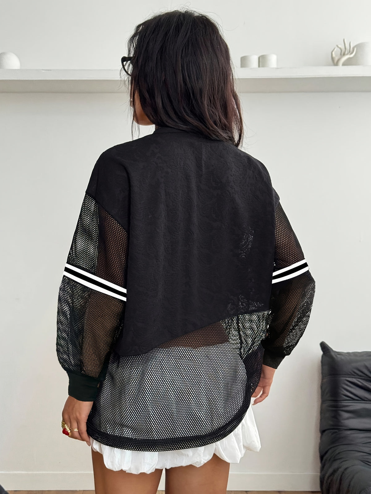 Y2K Women'S Round Neck Casual Breathable Mesh Top with Digital Pattern And Floral Texture, Long Sleeves PB-1049 - Black