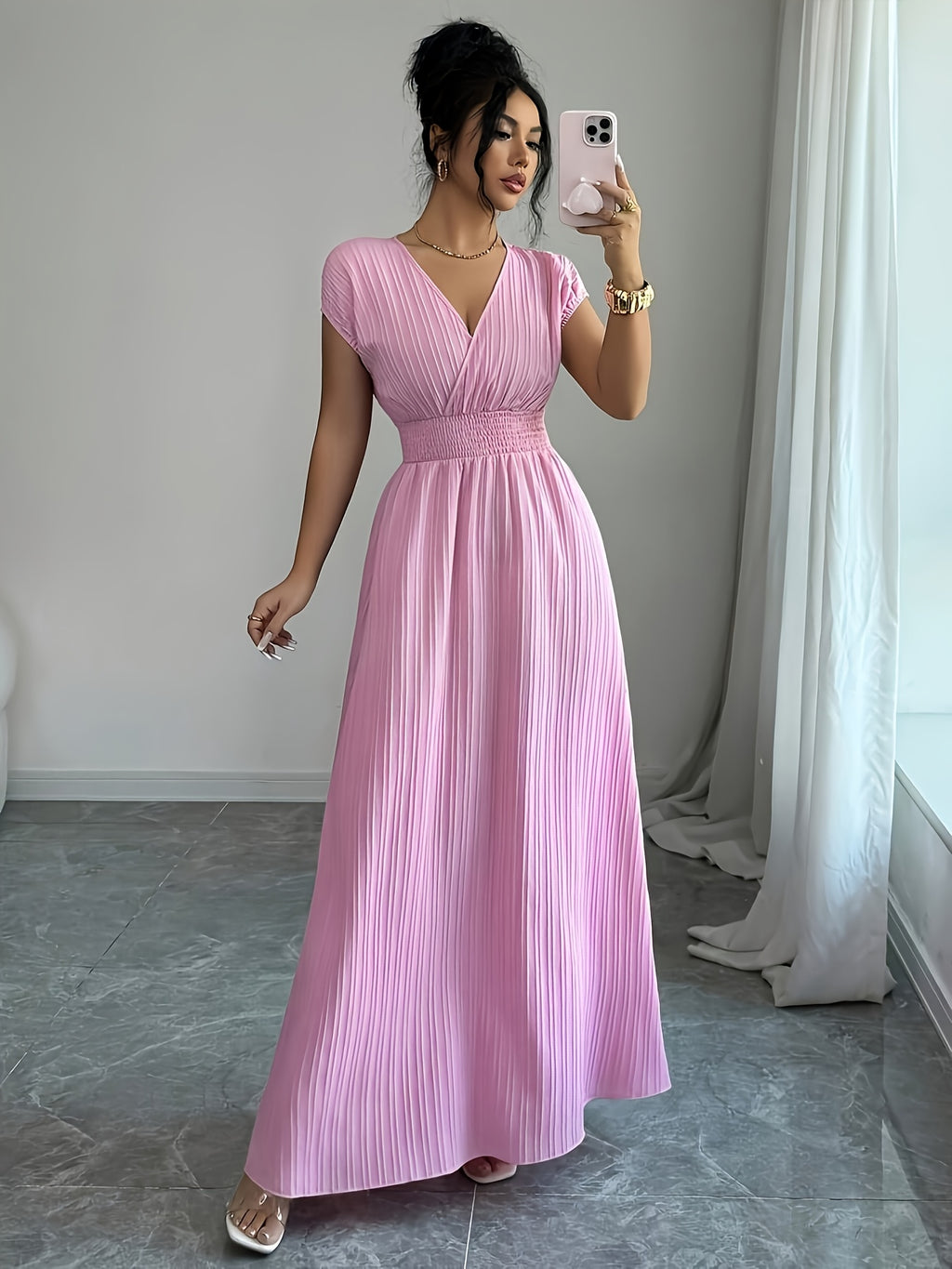 Women'S V-Neck Sleeveless Midi Dress, Textured Fabric, Waist-Cinching Design, Elegant Vacation Style, Spring/Summer Collection [Gavin] - Pink
