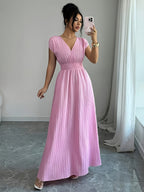 Women'S V-Neck Sleeveless Midi Dress, Textured Fabric, Waist-Cinching Design, Elegant Vacation Style, Spring/Summer Collection [Gavin] - Pink