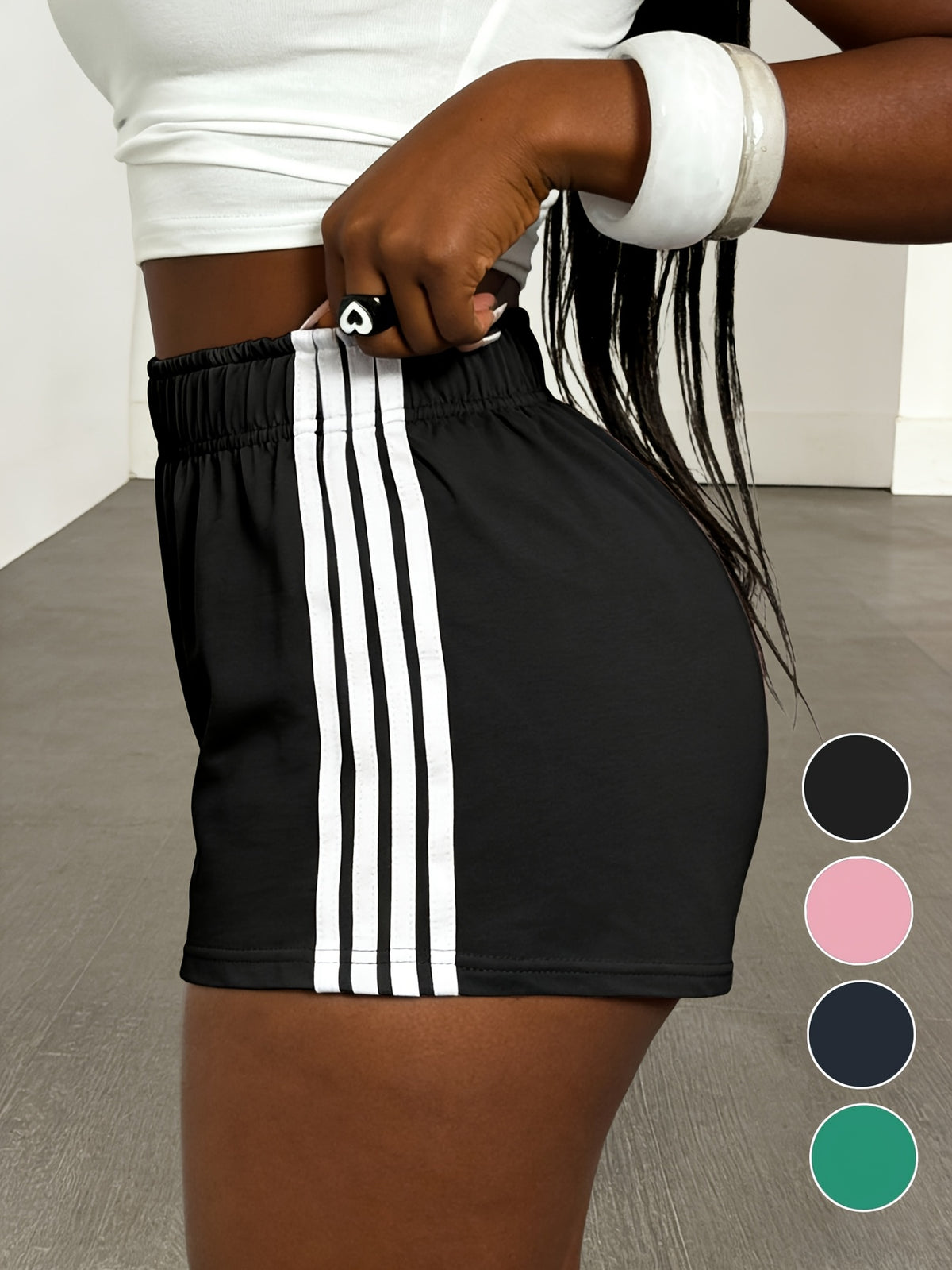 Elegant Summer Women's Color Block Striped Shorts with Side Stripe Design, Elastic Waist, Casual Loose Fit - Summer, Simple Classic Design with Elastic Waistband, American Casual Style, Suitable for Daily S,, Leisure, Outdoor, and Home Wear A182 - Black