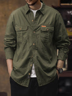 Men's Workwear Long-Sleeve Shirt, American-Style Spring/Autumn Multi-Pocket Casual Lightweight Outdoor Turn- Collar Shirt for Young and Middle-Aged Men - fern green