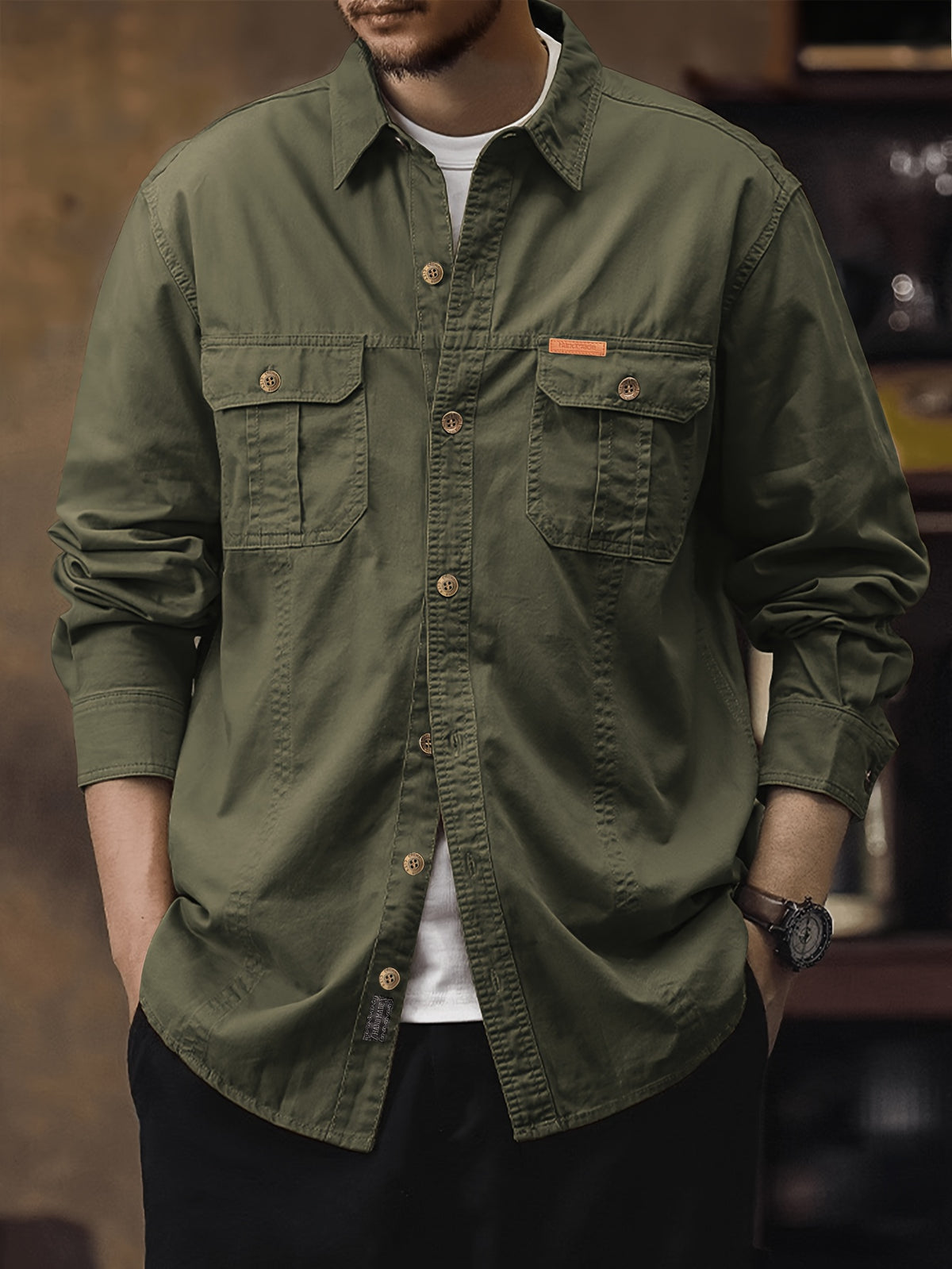 Men's Workwear Long-Sleeve Shirt, American-Style Spring/Autumn Multi-Pocket Casual Lightweight Outdoor Turn- Collar Shirt for Young and Middle-Aged Men - fern green