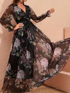 [ZD1031036] Elegant Floral Dress with See-Through Long Sleeves, Tie-Up Bow, Waist-Cinching, And Large Swing, Suitable for Dates, Dinners, And Evening Gowns - Black