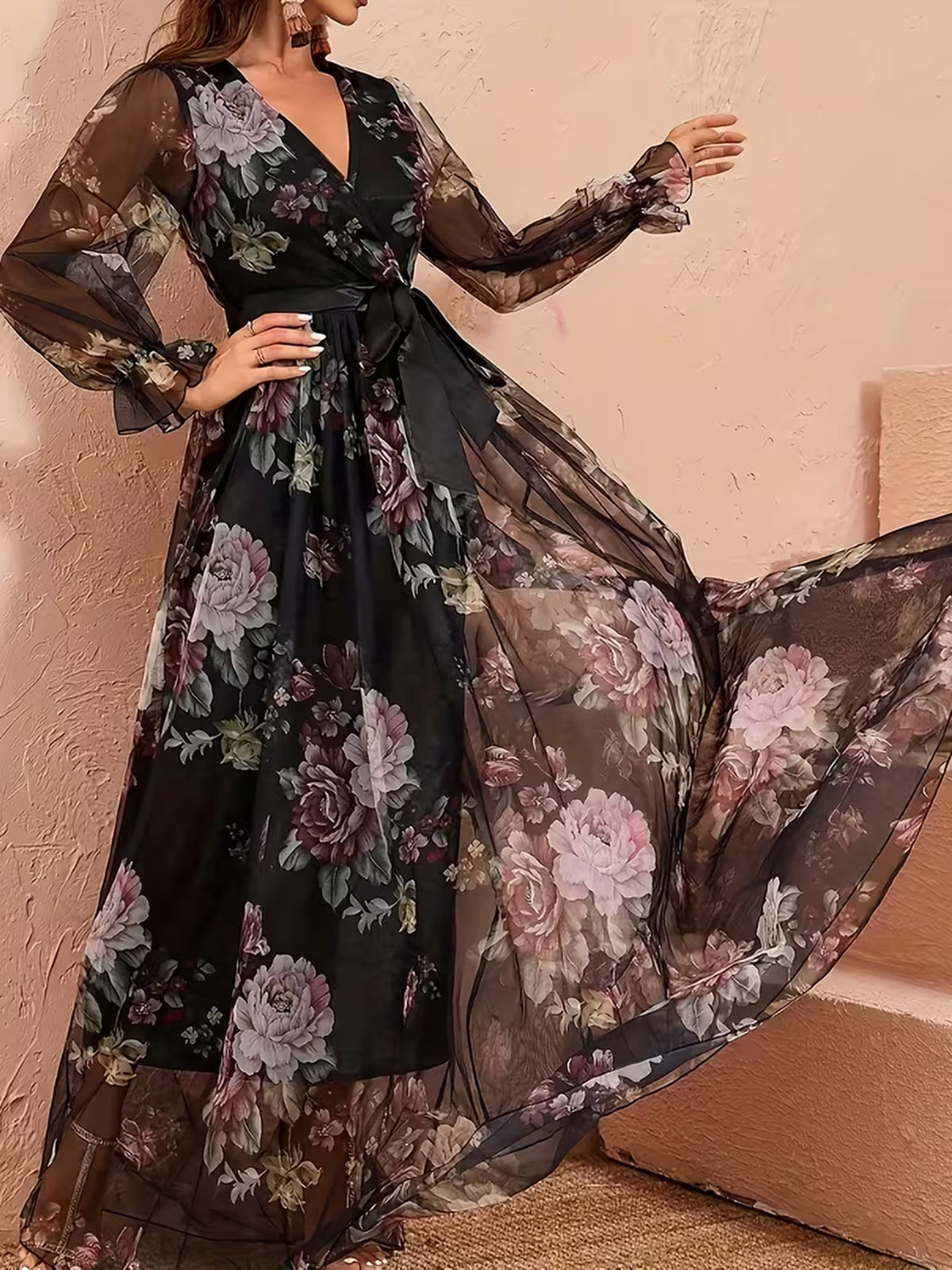 [ZD1031036] Elegant Floral Dress with See-Through Long Sleeves, Tie-Up Bow, Waist-Cinching, And Large Swing, Suitable for Dates, Dinners, And Evening Gowns - Black