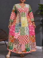 Plus Size, Plus Size Women's Bohemian Maxi Dress V-Neck Front Tie Waist Bell Sleeve -Line Dress with Patchwork Print & Elastic Waist Suitable for Petite Plus Figures, Wedding Guest Dress, Machine Washable Fall Winter Long Dress - Mixed colors