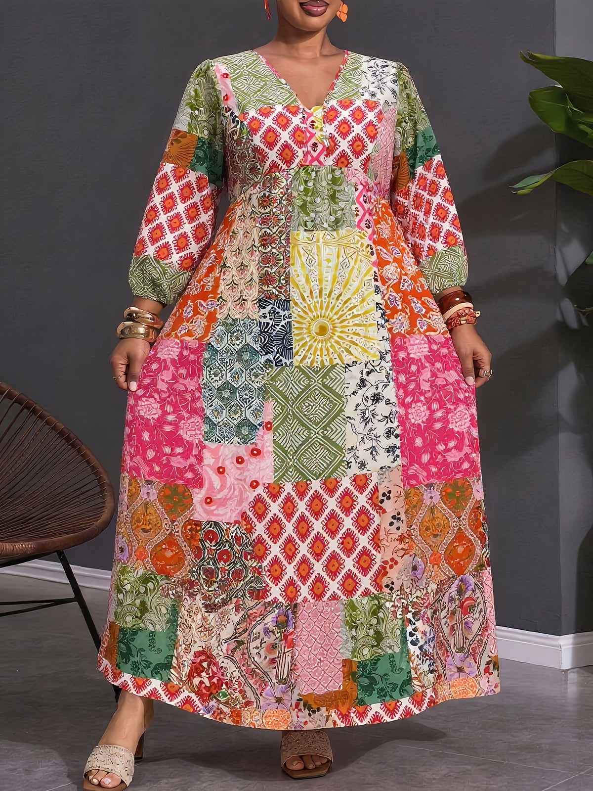 Plus Size, Plus Size Women's Bohemian Maxi Dress V-Neck Front Tie Waist Bell Sleeve -Line Dress with Patchwork Print & Elastic Waist Suitable for Petite Plus Figures, Wedding Guest Dress, Machine Washable Fall Winter Long Dress - Mixed colors