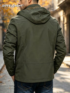 Men'S Drawstring Removable Hooded Utility Jacket, Wrinkle-Resistant Breathable Durable Woven Fabric, Fitted Short Length Spring Autumn City Commute Hiking Style, Autumn Street Outdoor Multi-Scene Wear, Orange Zipper Contrast Pocket - fern green