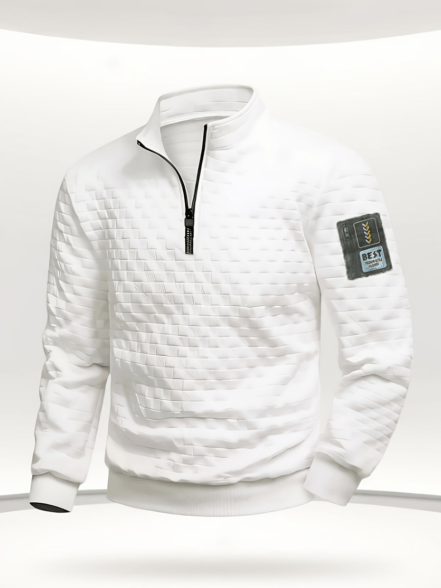 Pearson OBM Men's Long Sleeve Henley Shirt - Larsen, Machine Washable, Relaxed Sportswear - with Zipper, Elastic Cuffs, Machine Washable, Spring/Autumn Block - White