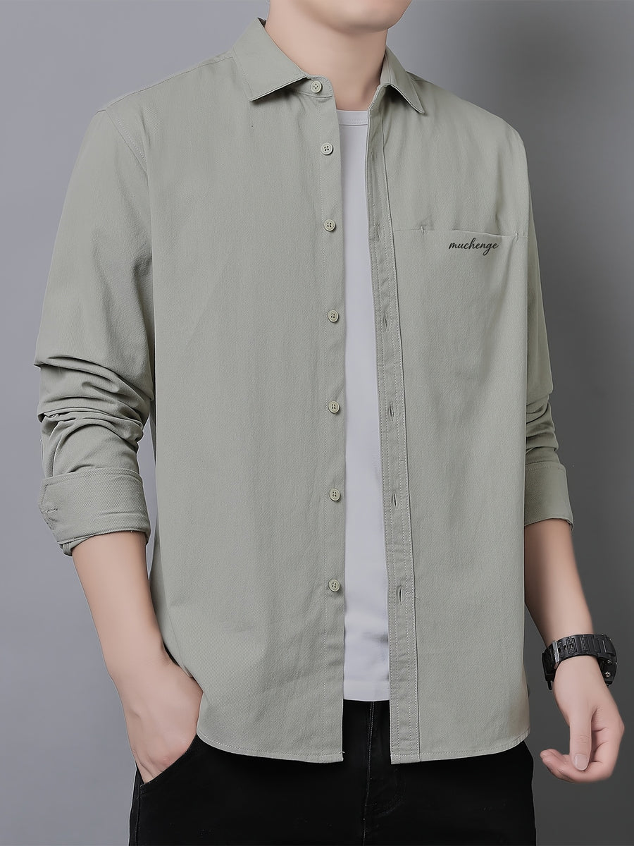 Men'S Long Sleeve Shirt with Lapel, Easy Letter Print Solid Color Hidden Single Pocket Casual Shirt, Washed Breathable Fabric, Spring/Autumn Commute Daily Wear Men'S Top, Inner And Outer Wear Multi-Color Available - Bean Green