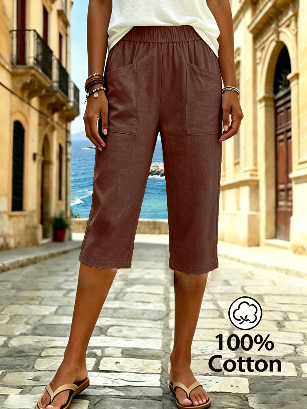 Women's Summer Solid Color Relaxed Fit Casual Mid-Length Pants, Made of Pure Fabric, with Elastic Waistband and Pockets. Loose-Fitting Mid-Length Pants, Suitable for Vacation and Daily Wear - Dark Brown