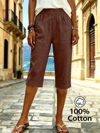 Women's Summer Solid Color Relaxed Fit Casual Mid-Length Pants, Made of Pure Fabric, with Elastic Waistband and Pockets. Loose-Fitting Mid-Length Pants, Suitable for Vacation and Daily Wear - Dark Brown