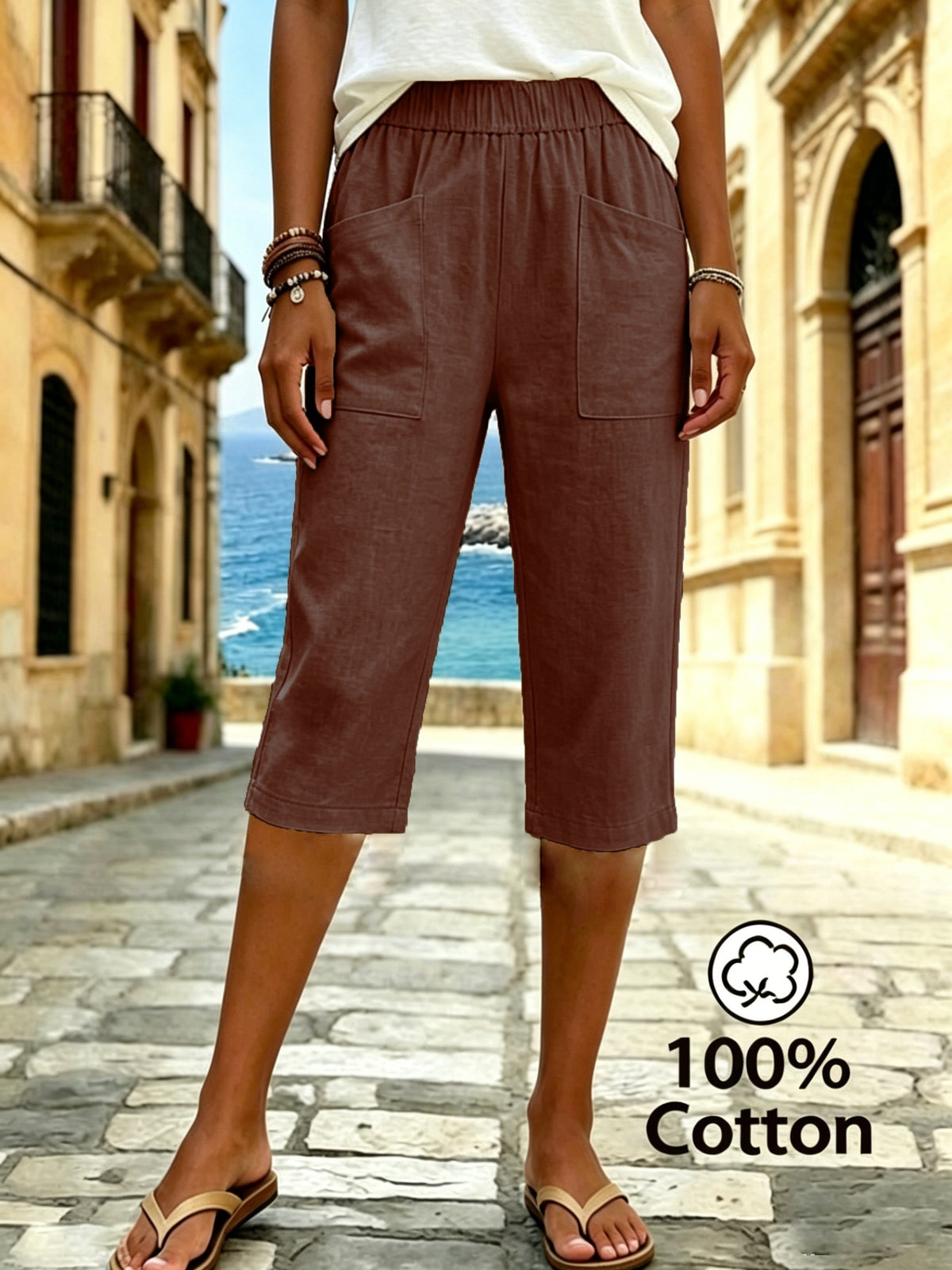 Women's Summer Solid Color Relaxed Fit Casual Mid-Length Pants, Made of Pure Fabric, with Elastic Waistband and Pockets. Loose-Fitting Mid-Length Pants, Suitable for Vacation and Daily Wear - Dark Brown