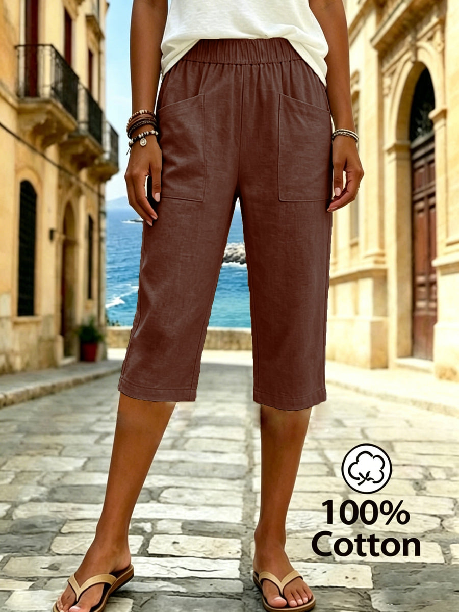 Women's Summer Solid Color Relaxed Fit Casual Mid-Length Pants, Made of Pure Fabric, with Elastic Waistband and Pockets. Loose-Fitting Mid-Length Pants, Suitable for Vacation and Daily Wear - Dark Brown