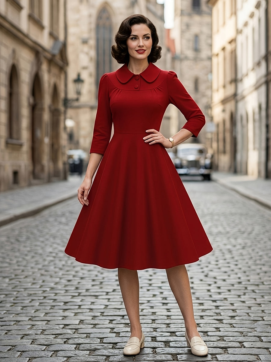 Collared Button Waist-Cinching Slim Fit Vintage Style 50S Elegant Long Sleeve Dress - Deep Red