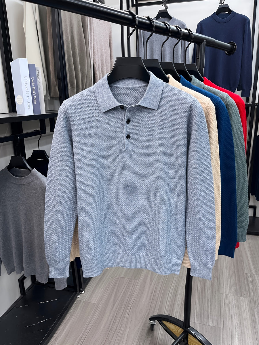 Autumn Men'S Long Sleeve T-Shirt Long Sleeve Pineapple Needle Lapel Business Casual Solid Color POLO Shirt - 【Light Grey】
