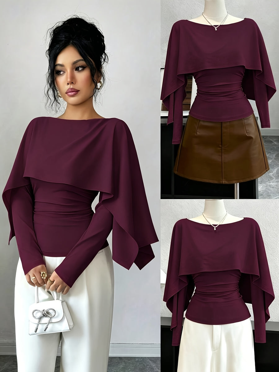 Women's Fashionable Solid-color V-neck Pleated Shawl-style Long-sleeved Fitted T-shirt with Side Pleats for Waist Shaping and an Irregular Shawl Design as a Base Layer T-shirt, Suitable for Early Autumn Season. - Purple