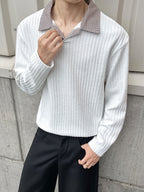 Men'S Casual Athletic T-Shirt, 1pc Men'S Fashion Trendy Casual Patchwork Lapel Long Sleeve T-Shirt, Loose Fit, Comfortable Textured Elastic Fabric, Suitable for Daily Casual Wear - White