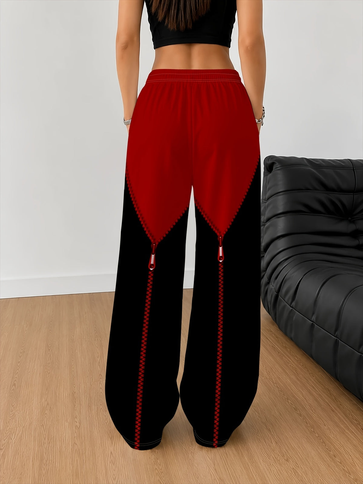 Printed Design - Not Textured Women's Printed Casual Long Pants, Diamond Zipper Print Pants,  Trendy Style, Versatile for Daily Commuting, Shopping, and Casual Outings, Product Does Not Include Accessories - Mixed colors