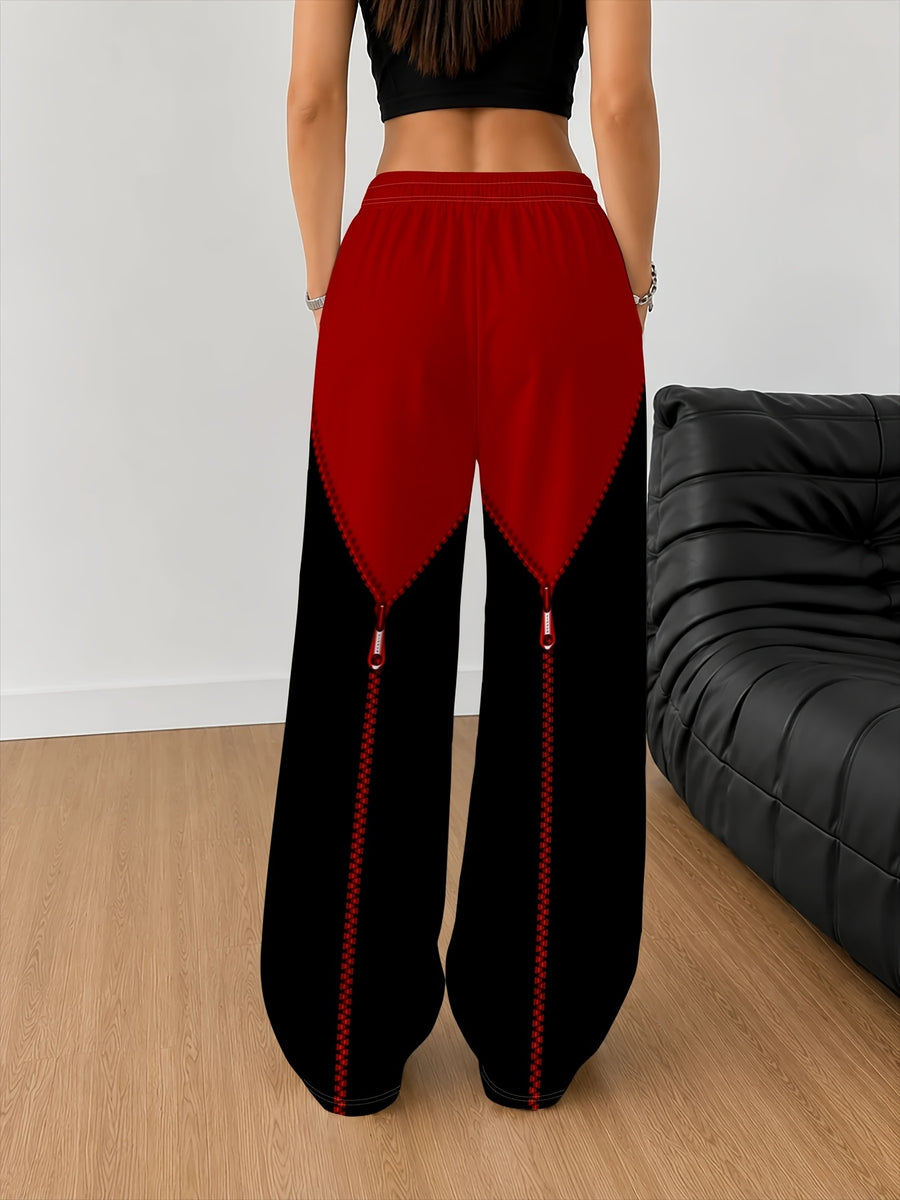 Printed Design - Not Textured Women's Printed Casual Long Pants, Diamond Zipper Print Pants,  Trendy Style, Versatile for Daily Commuting, Shopping, and Casual Outings, Product Does Not Include Accessories - Mixed colors