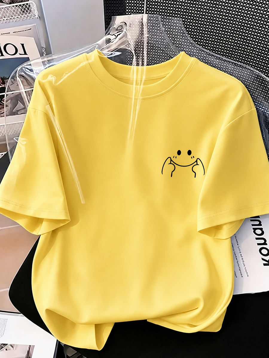 Women's High-Elastic Blouse T-Shirt Suitable for Café Visits, Picnic & Home Wear - Minimalist Smiling Face Print Round Neck Top, Machine Washable Non- Shirt for - Casual Outfits (Age-Reducing Versatile Wardrobe Staple) - Yellow