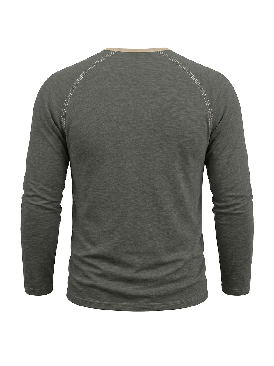 Autumn/Winter Cross-Border Men's Long Sleeve Crew Neck Henley Shirt, European and American Style Men's Pullover Base Layer T-Shirt - Dark Gray