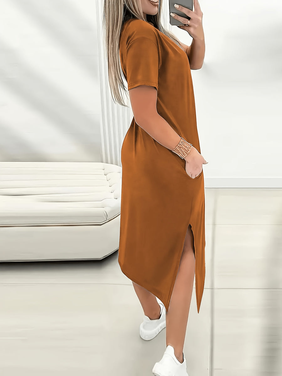 Women'S Letter Print Casual Solid Color Round Neck Short Sleeve Side Slit Dress - Light Brown-1