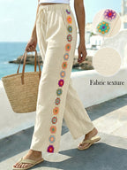 Women's Loose-fit Wide-leg Pants with Lace Details and Side Pockets Featuring Drawstring Adjustment - Apricot