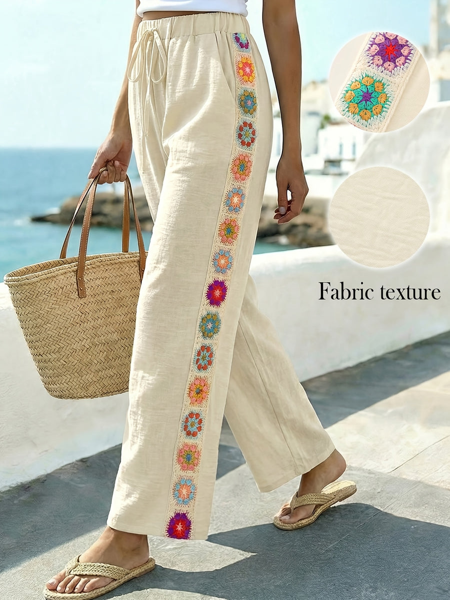Women's Loose-fit Wide-leg Pants with Lace Details and Side Pockets Featuring Drawstring Adjustment - Apricot