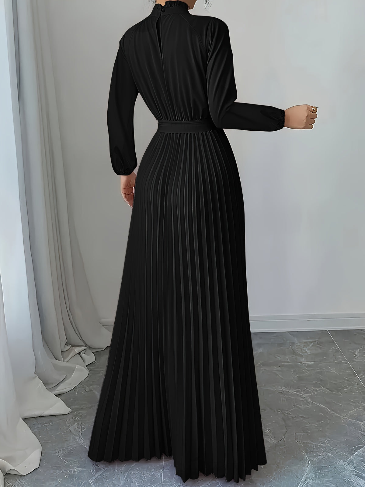 Women'S Long Sleeve Easy Tie-Waist Long Dress - Black