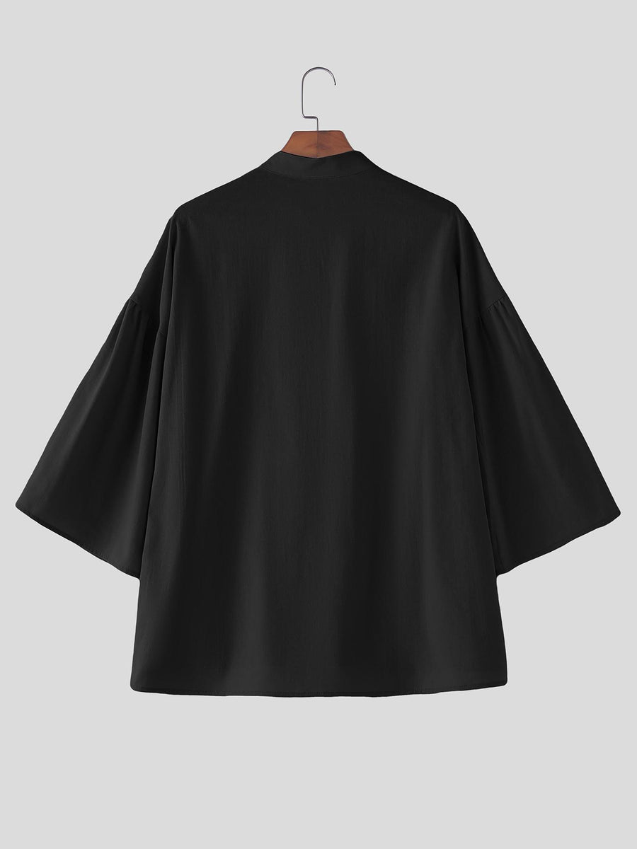 Men Casual Tops Solid 3/4 Sleeve Stand Collar V Neck Solid Loose Fit Outdoor Street Casual Shirt - Black