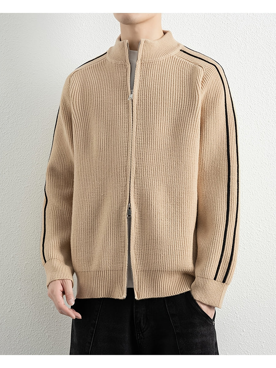 [Wading Whale OBM] Spring/Autumn New Men'S Knit Cardigan, Old Money Style Color-Block Striped Zipper Front Stand Collar Cardigan for Men, Business Casual Fashion Knitwear, Suitable for Spring, Autumn, Winter Layering Or Outerwear, Fits Daily Casual - Khaki