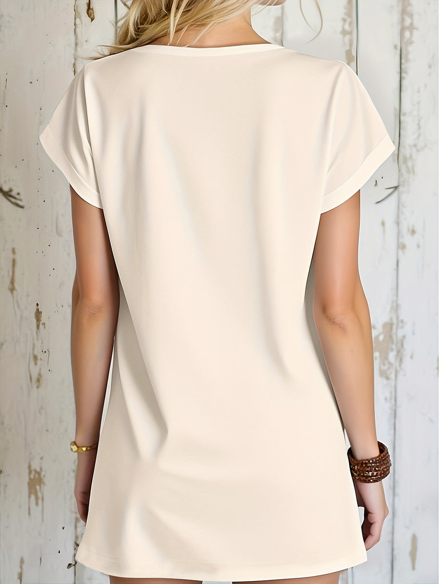 Summer Stylish Women'S Long Casual Short-Sleeve T-Shirt with Bat Sleeves And Pockets. - Apricot