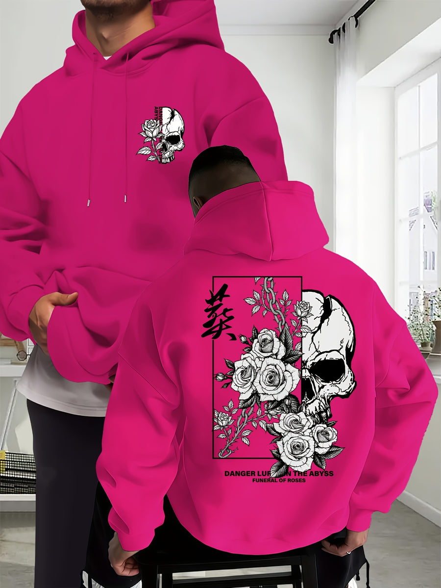 New Trendy Men'S Autumn And Winter Hooded Sweatshirt, Casual Everyday Drawstring Hoodie with Creative Design Print, Kangaroo Pouch Front Pocket, Unisex Tops - Rose Red