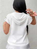 2026 New Women's Hoodie with Waffle Fabric Patchwork, Short Sleeves, Decorative Buttons, and Hood - Pure White
