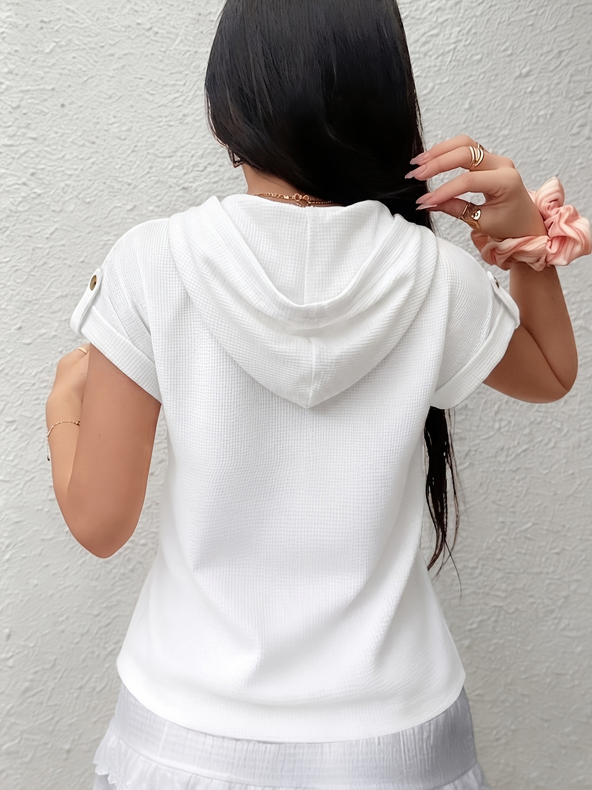 2026 New Women's Hoodie with Waffle Fabric Patchwork, Short Sleeves, Decorative Buttons, and Hood - Pure White